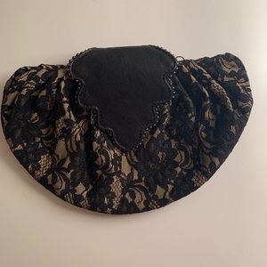 Diane Von Furstenberg Black Lace Clutch Purse w/ Magnet Leather Close Bead Trim